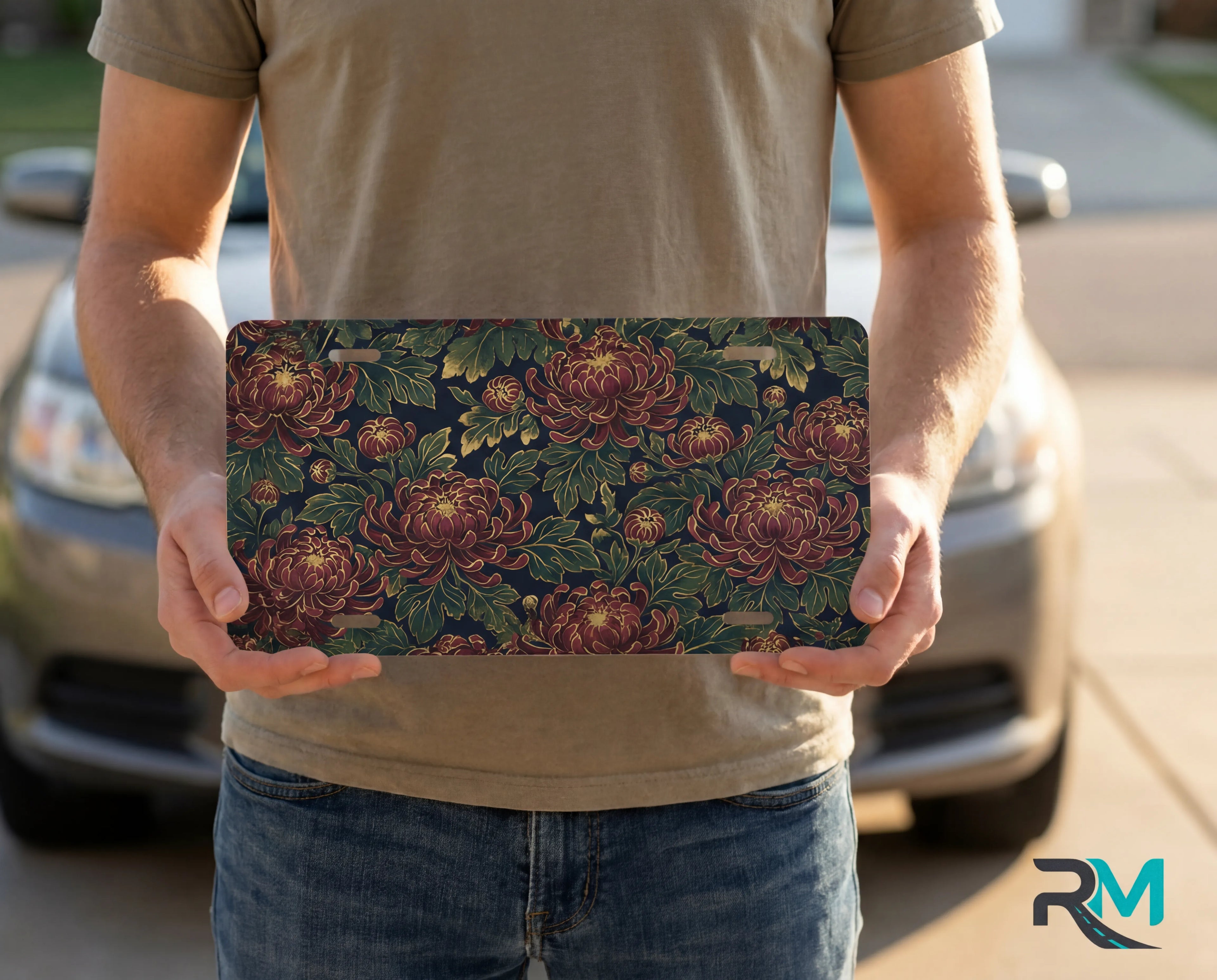 vintage floral chrysanthemum vanity plate on display stand — deep burgundy chrysanthemums antique botanical aluminum plate