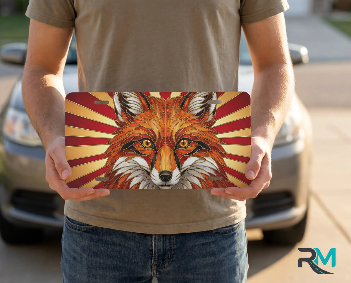 person holding red fox license plate — stained glass wildlife fox vanity plate art