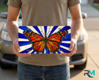 person holding monarch butterfly license plate — stained glass nature vanity plate art