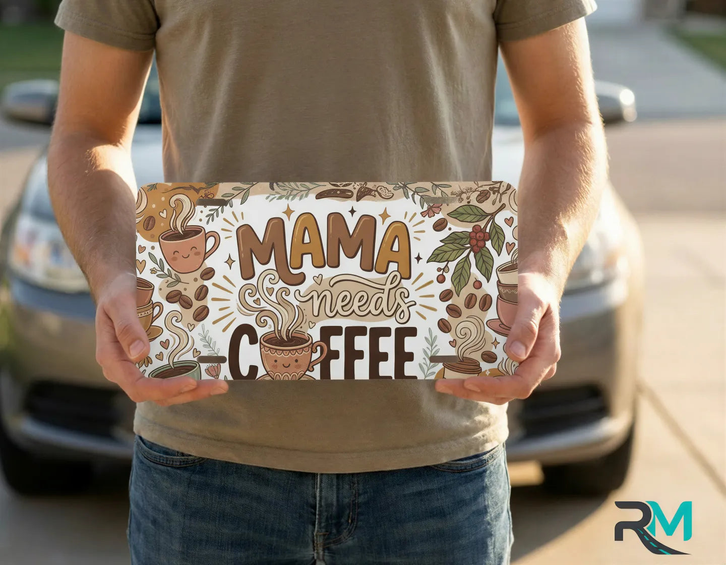 person holding mama needs coffee neutral license plate — soft taupe coffee vanity plate art