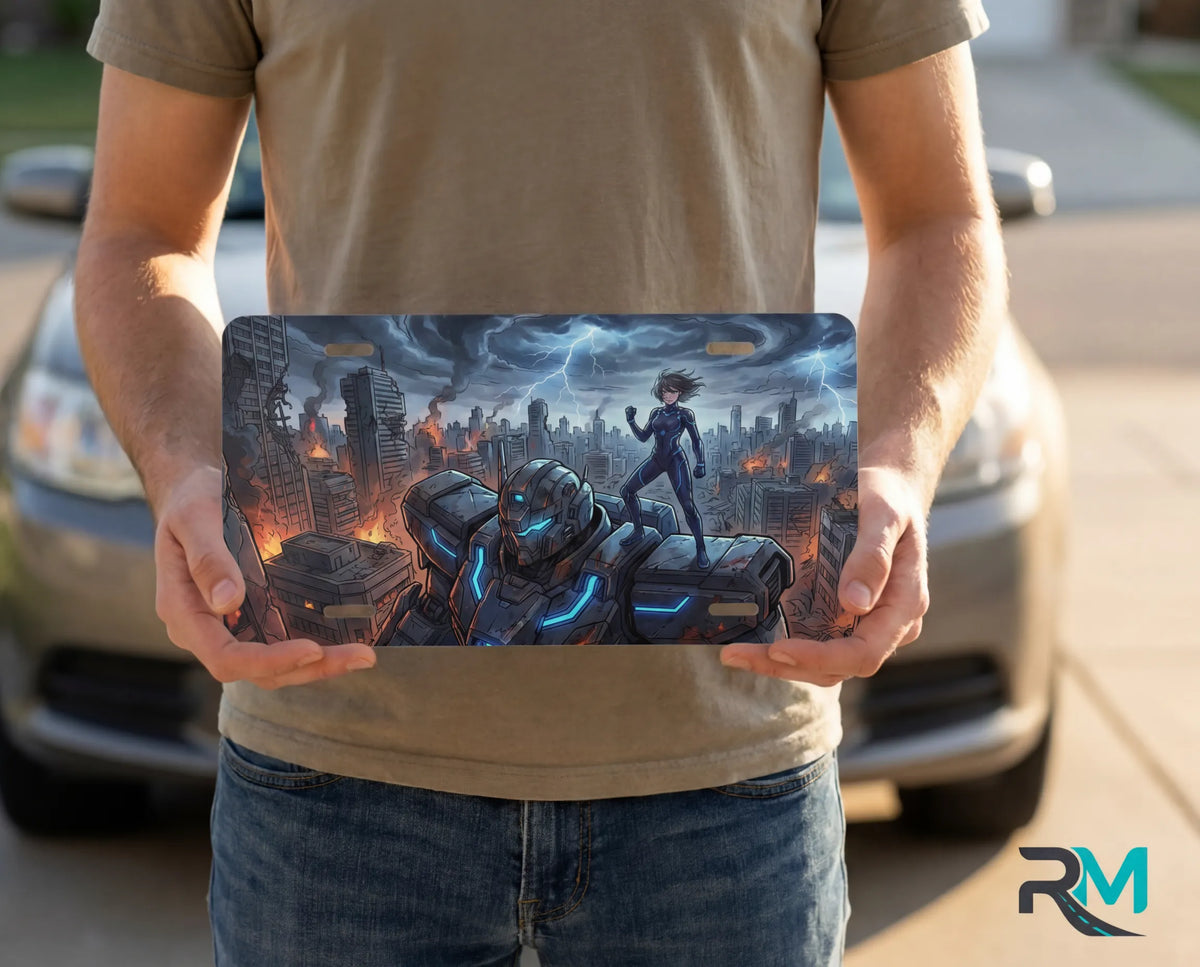 person showing cyberpunk mech vanity plate — electric blue armored mech burning city license plate