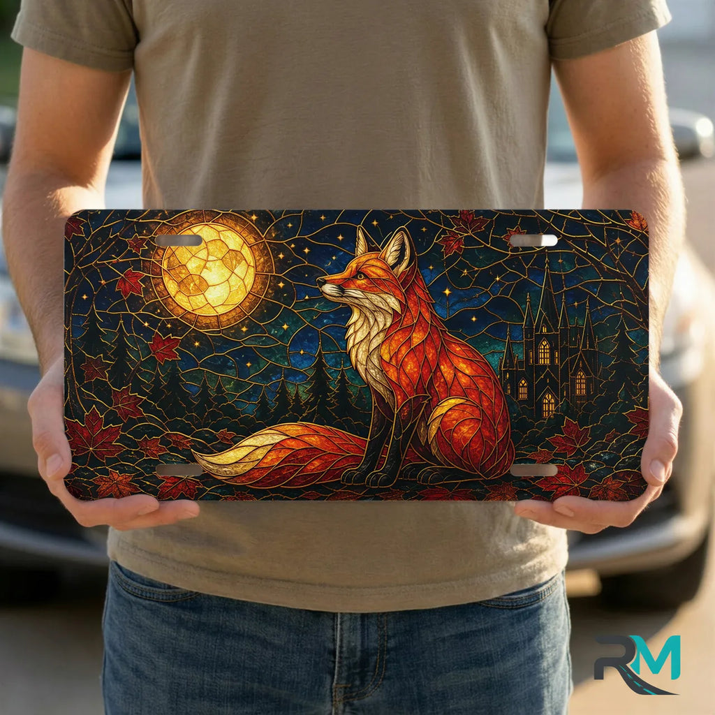 person holding fox moon vanity plate — jewel tone fox glowing moon autumn castle front plate