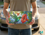 person holding hummingbird hibiscus license plate — vivid tropical bird flower vanity plate art