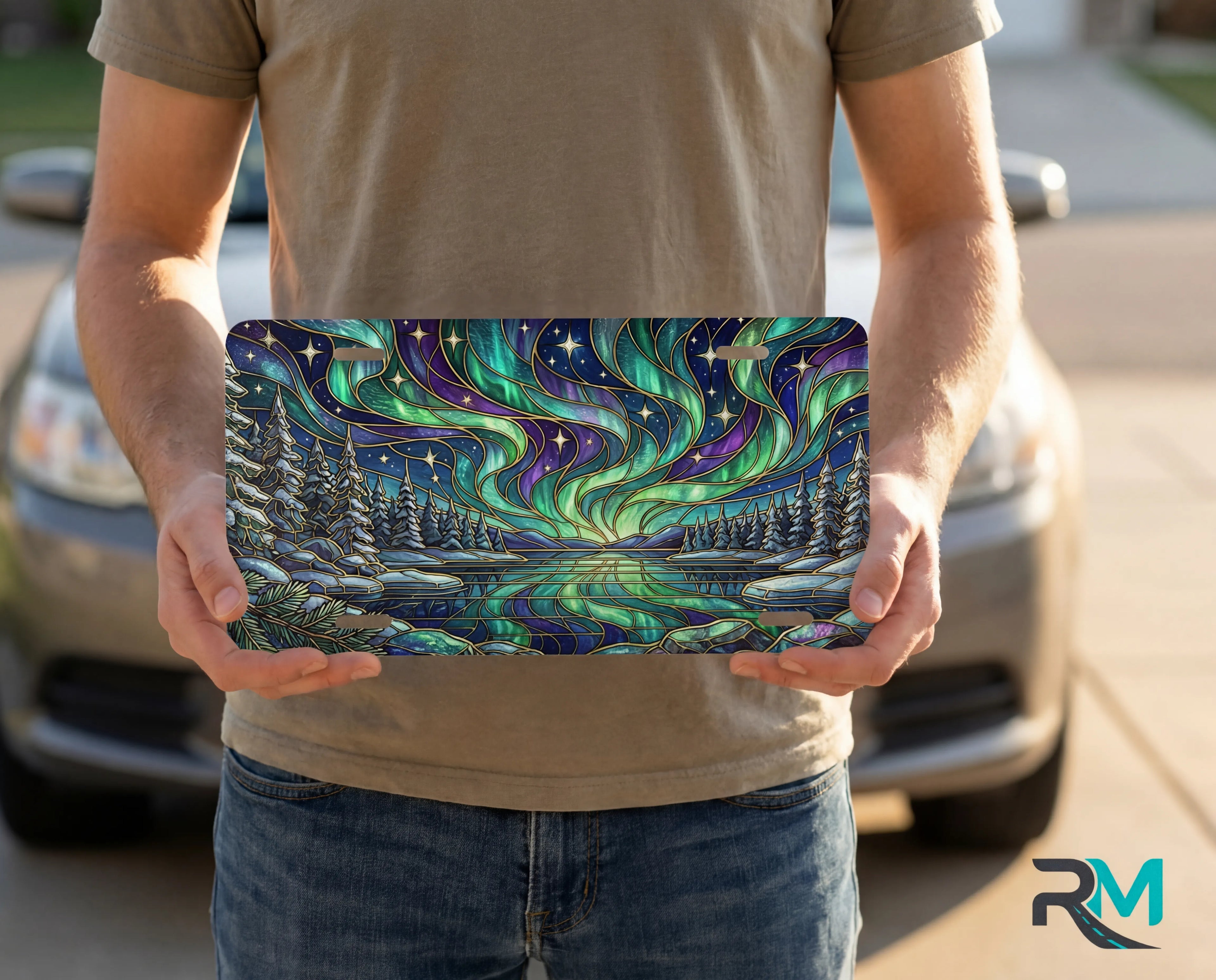 northern lights lake scene vanity plate on display stand — jewel teal purple aurora pine lake aluminum plate