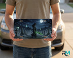 person showing grim reaper cemetery vanity plate — deep blue reaper spectral green front license plate