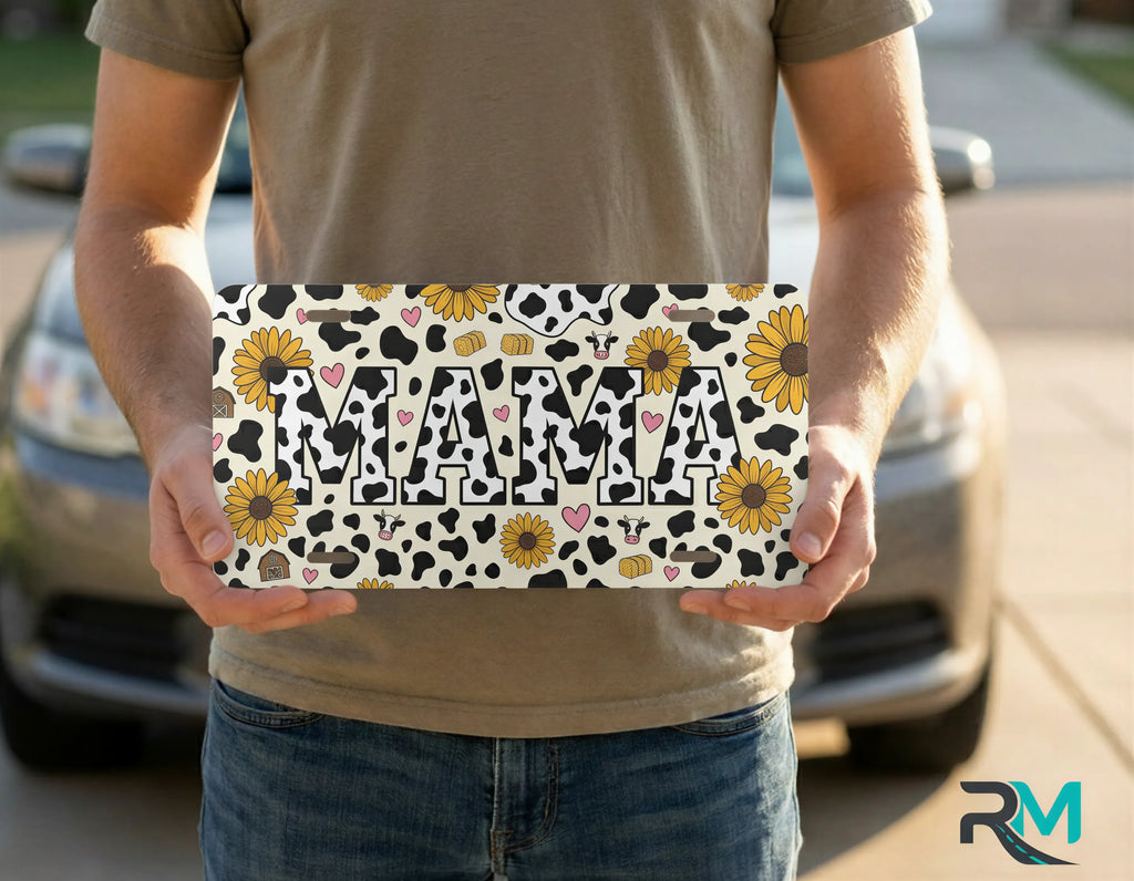 Mama Cow Print Sunflowers Vanity Plate