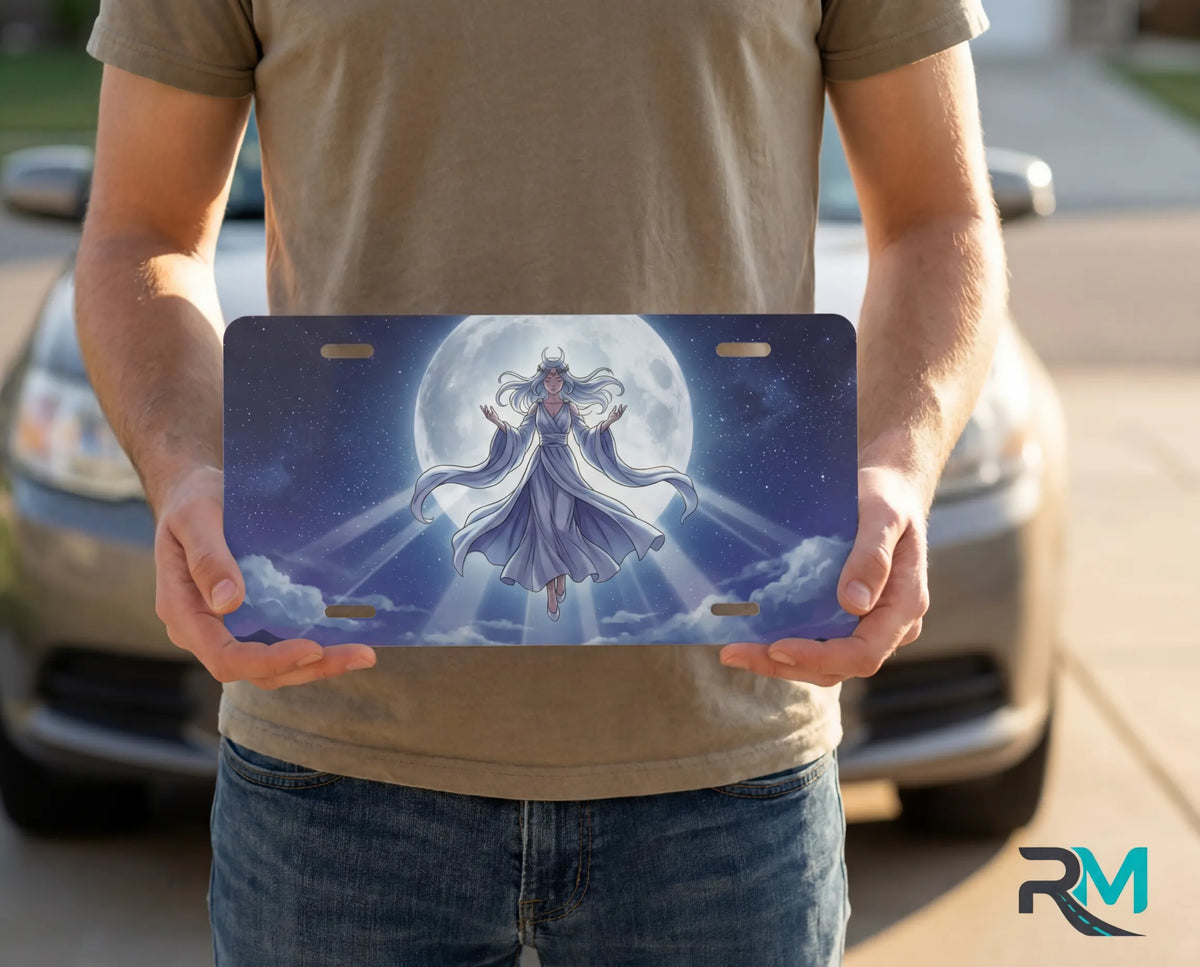 person showing moonlit maiden vanity plate — soft indigo robed figure lunar clouds front license plate