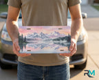 person holding mountain lake license plate — decorative alpine reflection vanity plate