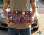 person showing lantern festival vanity plate — warm amber twilight canal yukata sky lantern front plate