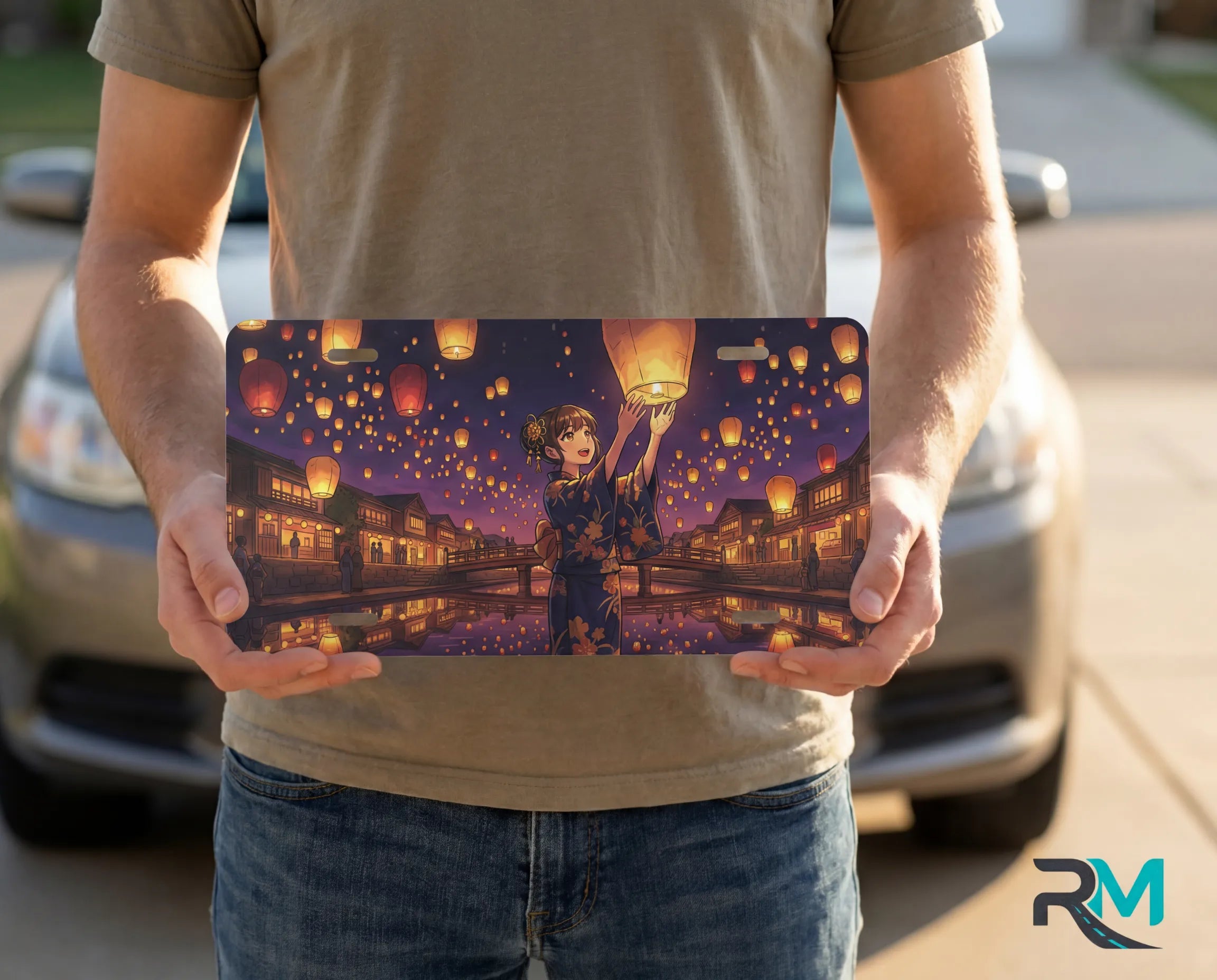 person showing lantern festival vanity plate — warm amber twilight canal yukata sky lantern front plate