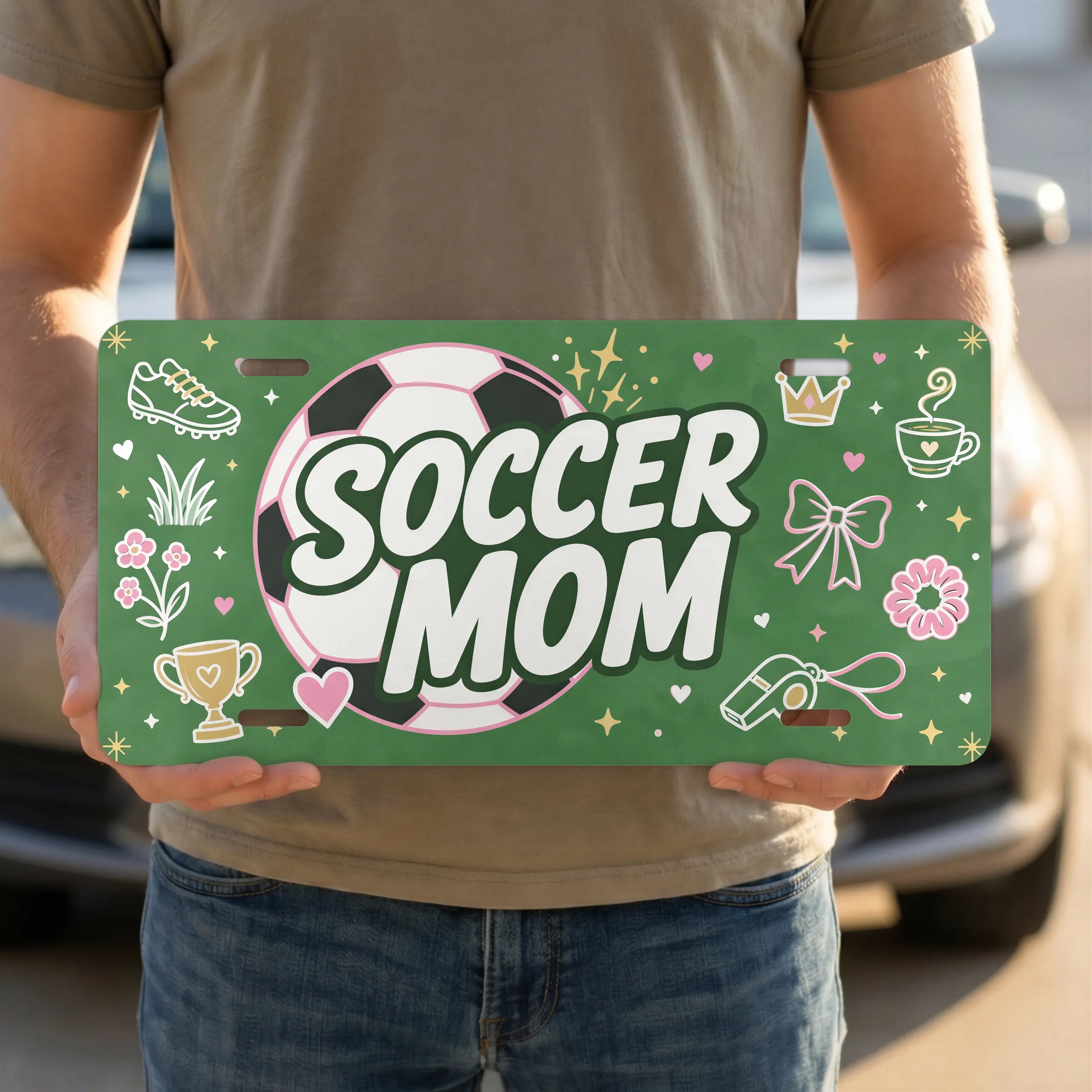 person holding soccer mom license plate — pink ball green SOCCER MOM vanity plate art