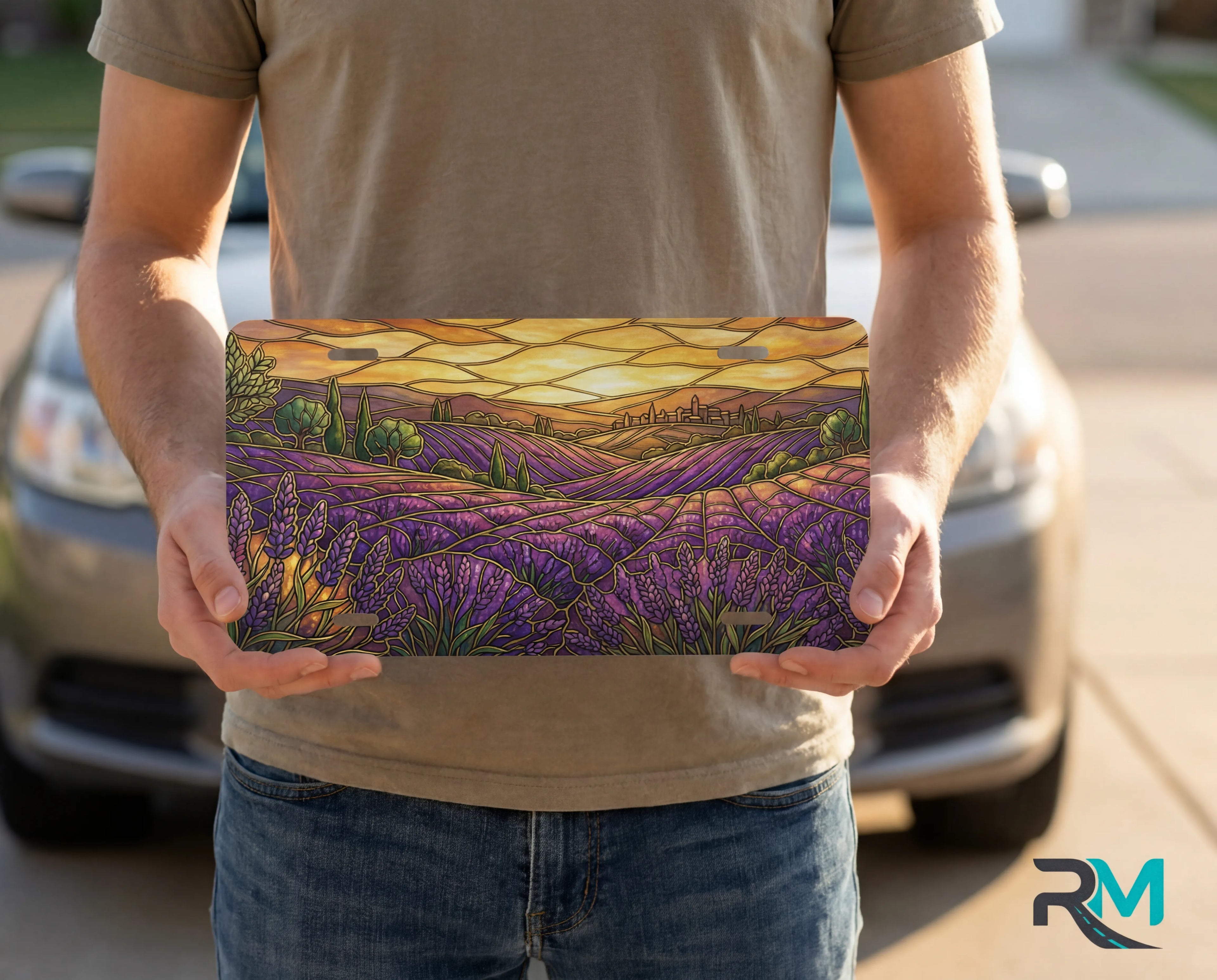 lavender field sunset vanity plate on display stand — warm gold deep purple lavender hillside aluminum plate