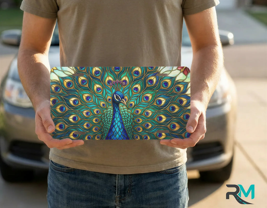 person holding peacock feathers license plate — jewel-tone teal emerald gold vanity plate art