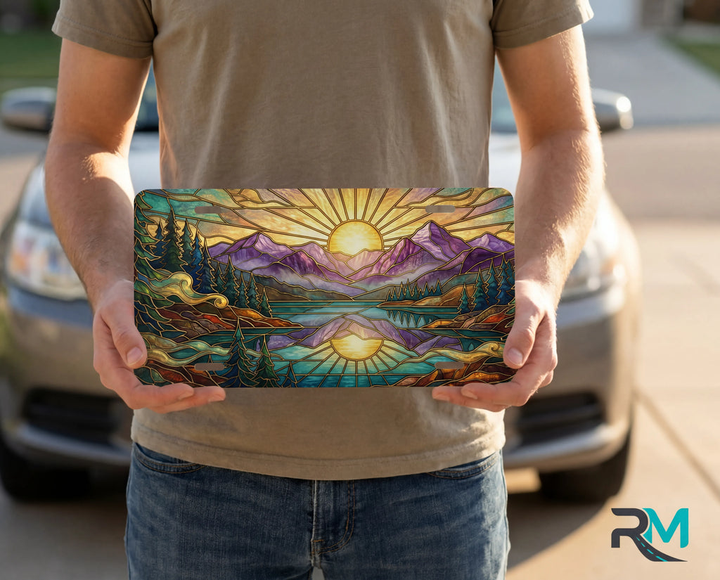 sunrise mountain lake vanity plate on display stand — warm gold purple mountain mirror lake aluminum plate