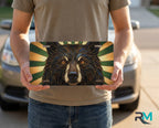 person holding woodland bear license plate — stained glass bear face vanity plate art