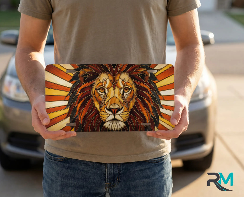 person holding lion face license plate — stained glass majestic lion vanity plate art