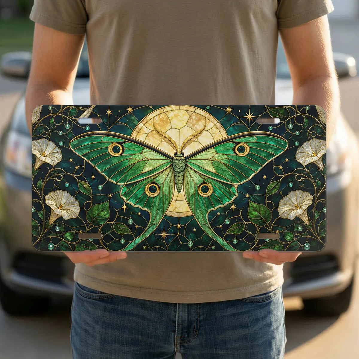 person holding luna moth vanity plate — emerald luna moth stained glass front license plate