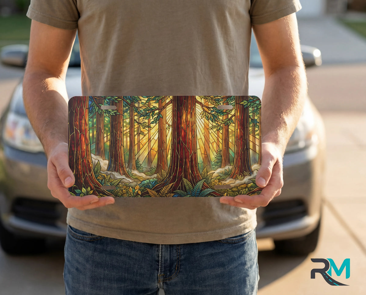 person showing redwood forest scenic vanity plate — warm amber golden light redwood forest front license plate