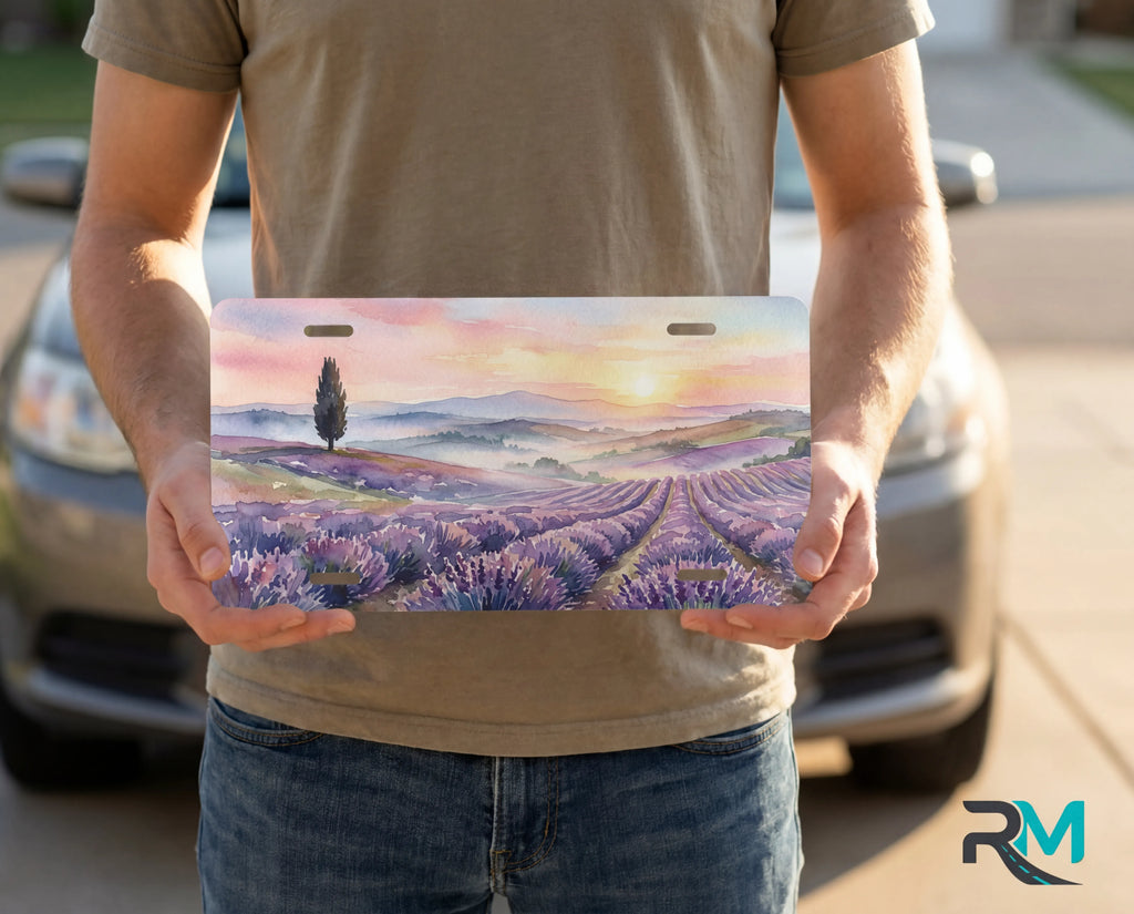 person holding lavender field license plate — decorative sunset vanity plate watercolor art