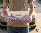 person holding lavender field license plate — decorative sunset vanity plate watercolor art