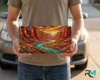 person showing desert canyon river vanity plate — turquoise creek red rock canyon molten sunset front license plate