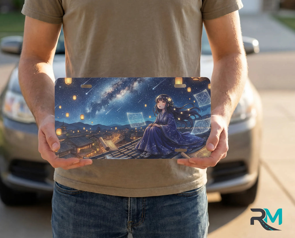 person showing starry night girl vanity plate — deep blue night girl rooftop lanterns license plate
