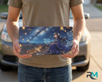 person showing starry night girl vanity plate — deep blue night girl rooftop lanterns license plate