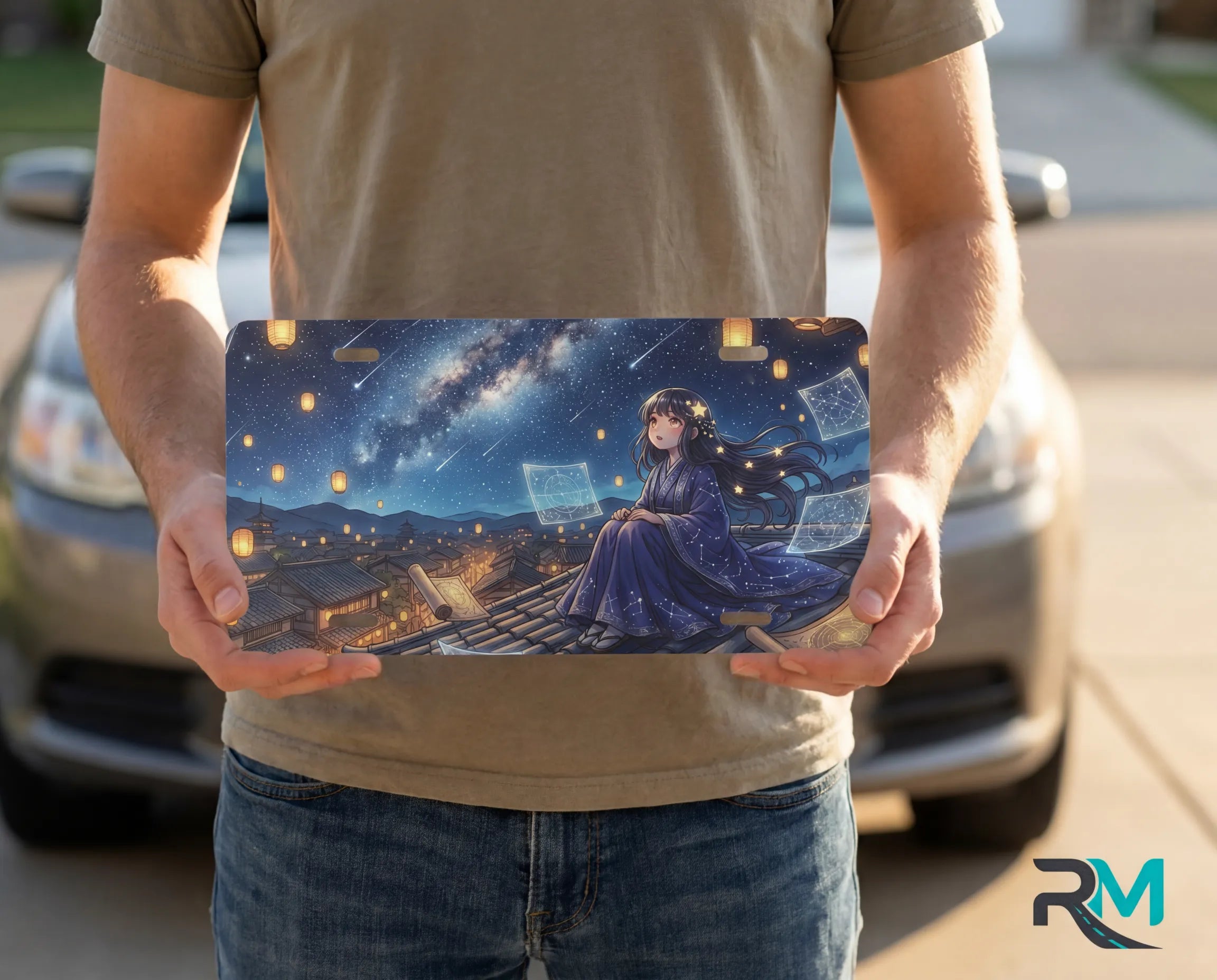 person showing starry night girl vanity plate — deep blue night girl rooftop lanterns license plate