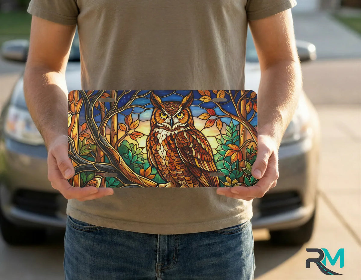 person holding stained glass owl license plate — autumn woodland owl vanity plate art