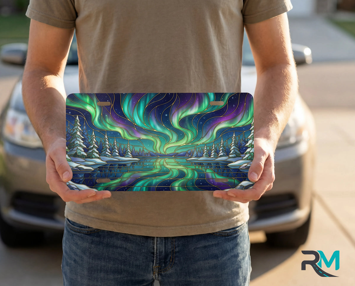 northern lights aurora vanity plate on display stand — vivid emerald violet aurora winter lake aluminum plate