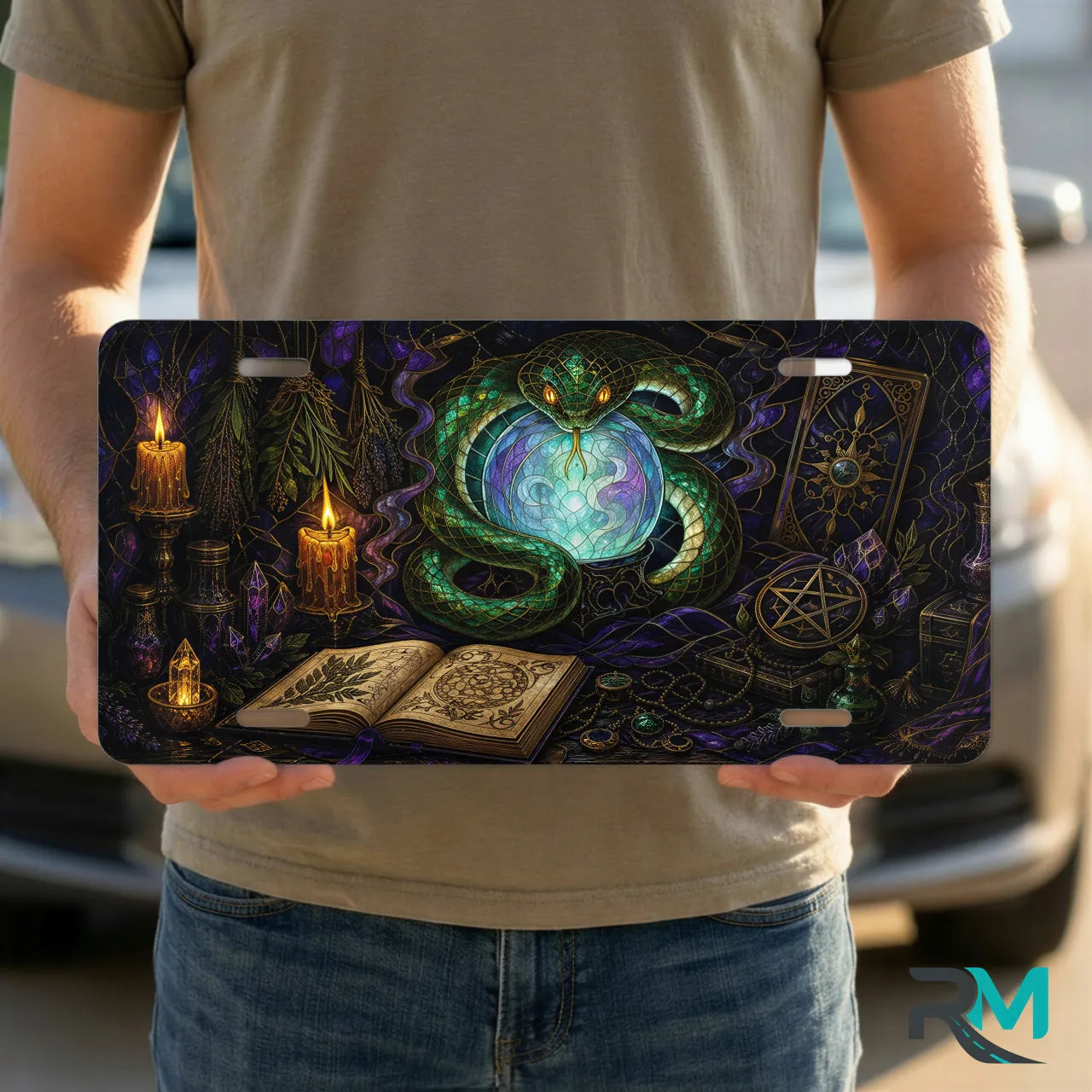 person holding green serpent crystal ball vanity plate — jewel green serpent orb witchy plate