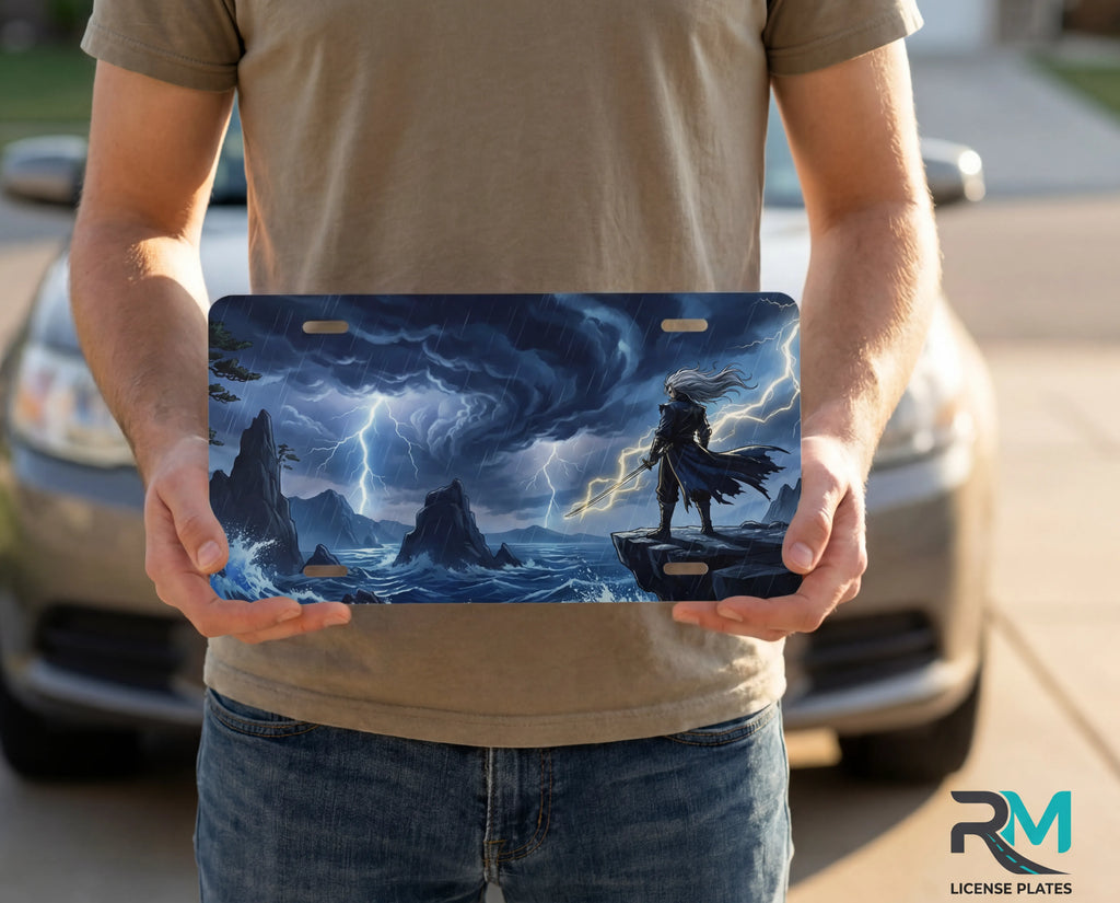person showing storm sorcerer vanity plate — electric blue storm lightning mage front license plate