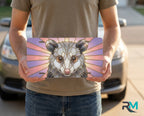 person holding possum portrait license plate — stained glass opossum pastel vanity plate art