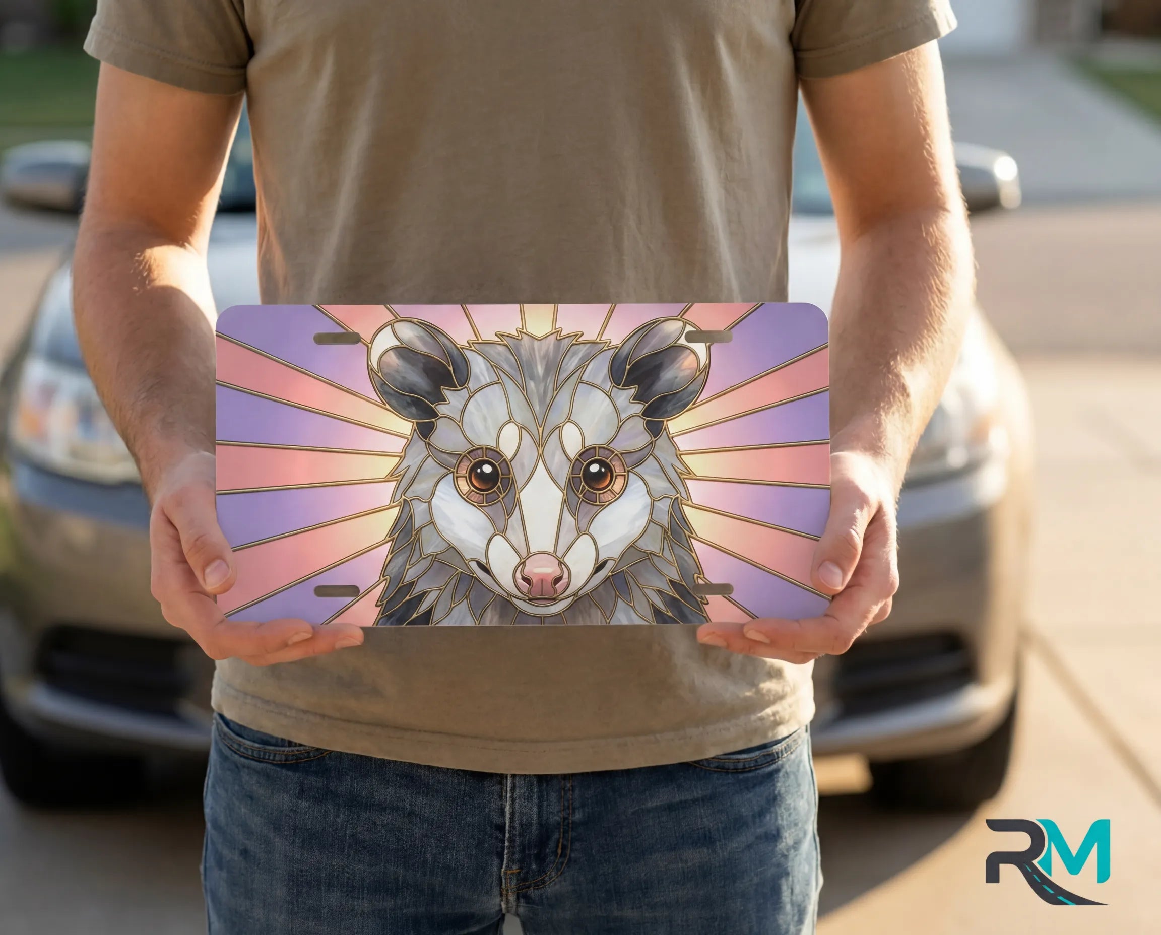 person holding possum portrait license plate — stained glass opossum pastel vanity plate art