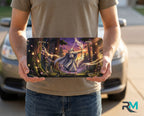 person showing forest wizard vanity plate — deep purple gold wizard glowing magic front license plate