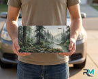 person holding misty forest river license plate — watercolor woodland vanity plate art