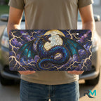 person holding blue dragon vanity plate — jewel blue teal coiled dragon moon front plate