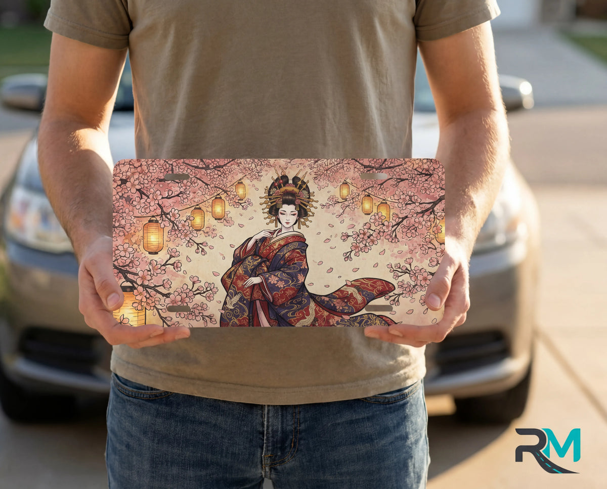 geisha sakura lanterns vanity plate on display stand — soft pink kimono cherry blossom lanterns aluminum plate