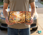 person holding autumn sunlit path license plate — fall forest watercolor vanity plate art