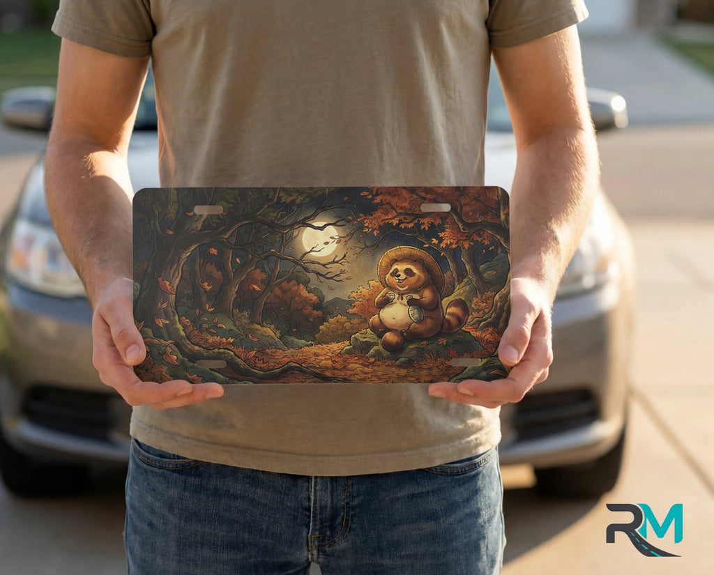 woodland tanuki moonlit forest vanity plate on display stand — smiling tanuki amber moonlit autumn aluminum plate