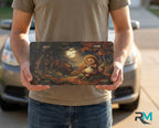 woodland tanuki moonlit forest vanity plate on display stand — smiling tanuki amber moonlit autumn aluminum plate