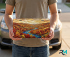 autumn river landscape vanity plate on display stand — rich autumn red gold winding river aluminum plate