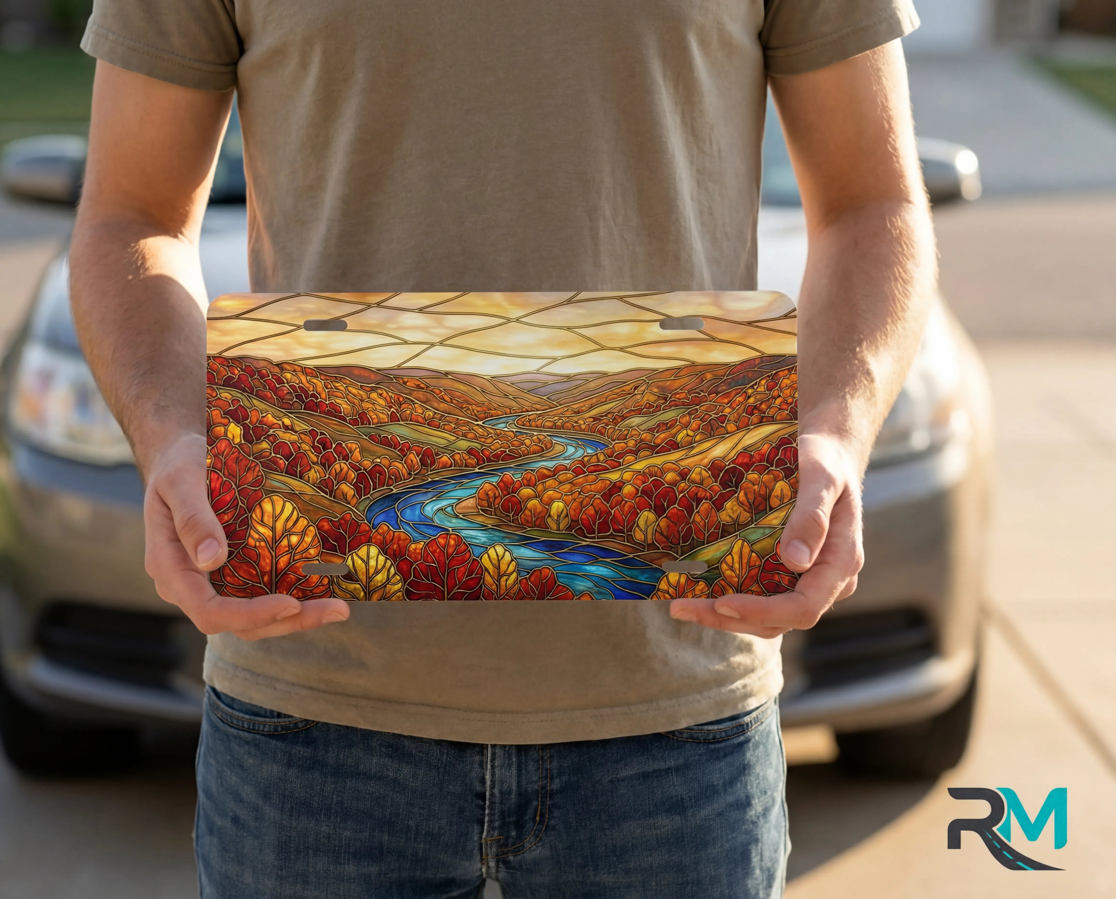 autumn river landscape vanity plate on display stand — rich autumn red gold winding river aluminum plate