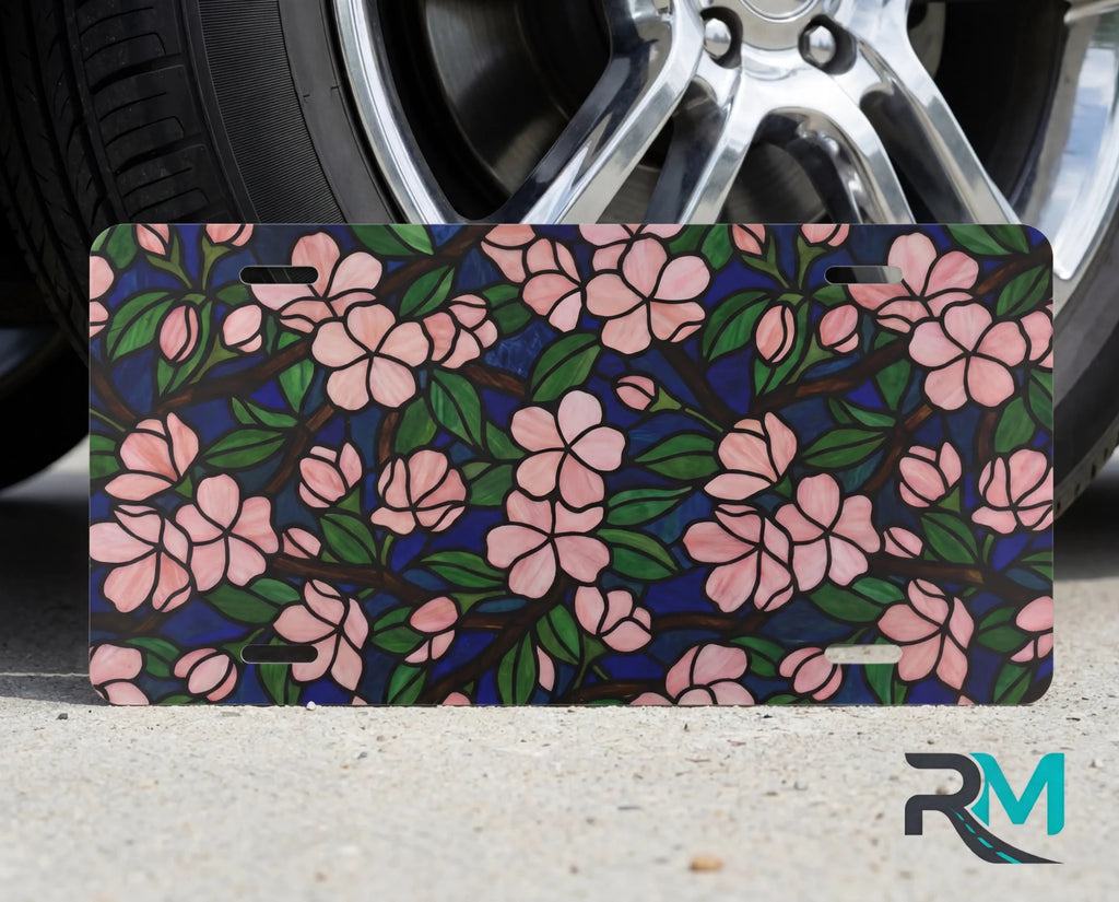 Pink Floral Pattern Navy Botanical Vanity Plate - Road Muse