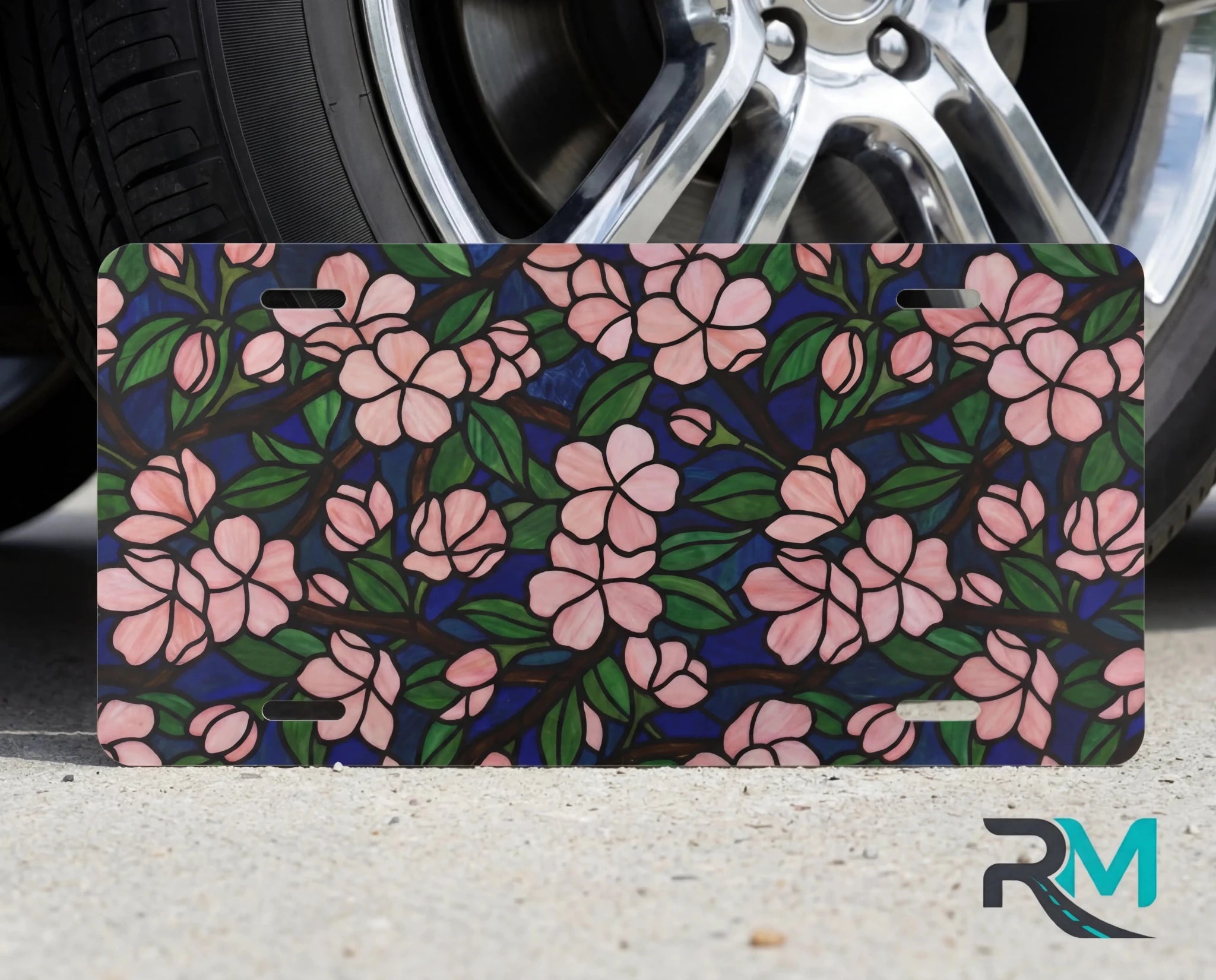 Pink Floral Pattern Navy Botanical Vanity Plate - Road Muse