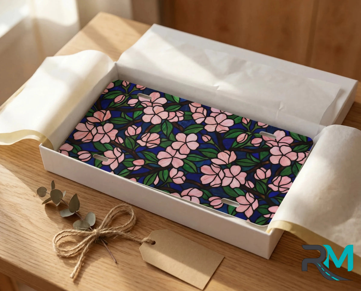 Pink Floral Pattern Navy Botanical Vanity Plate - Road Muse