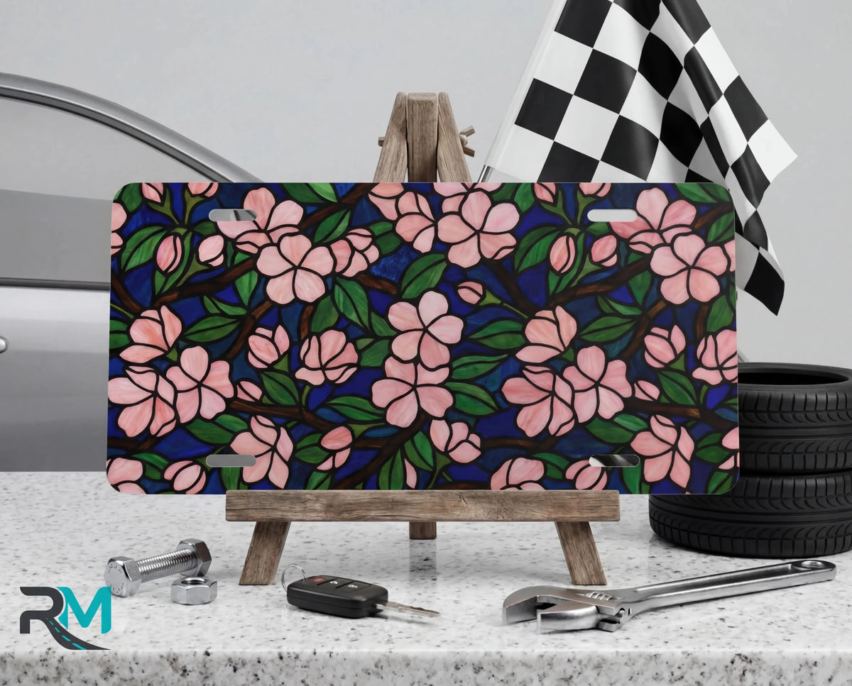 Pink Floral Pattern Navy Botanical Vanity Plate - Road Muse