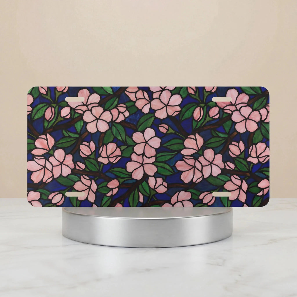 Pink Floral Pattern Navy Botanical Vanity Plate - Road Muse