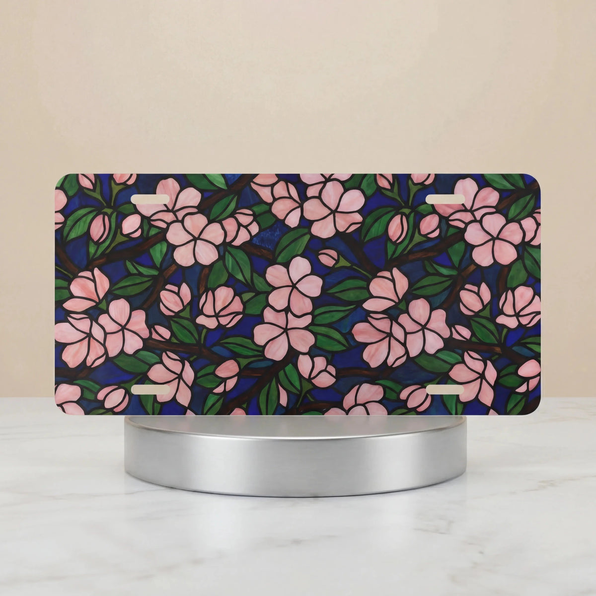 Pink Floral Pattern Navy Botanical Vanity Plate - Road Muse