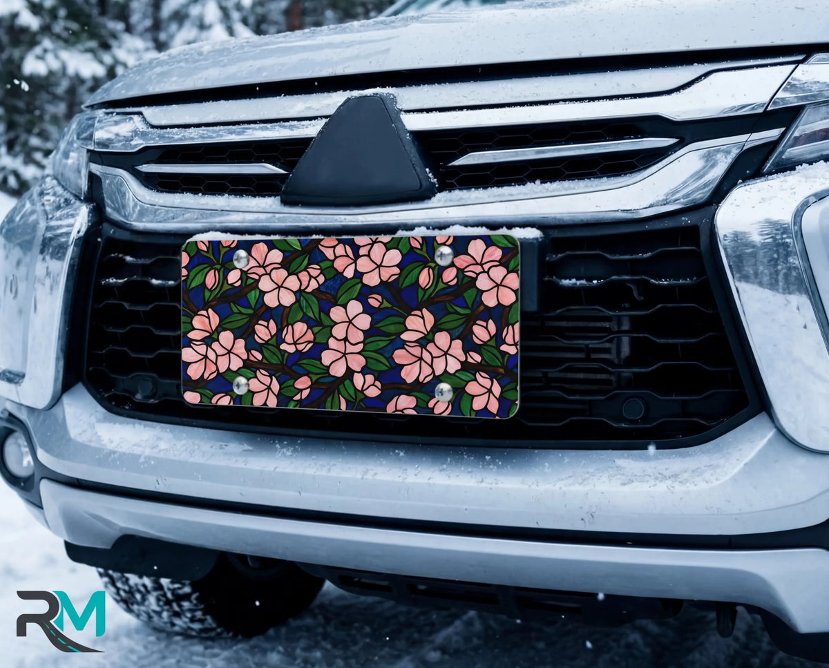 Pink Floral Pattern Navy Botanical Vanity Plate - Road Muse